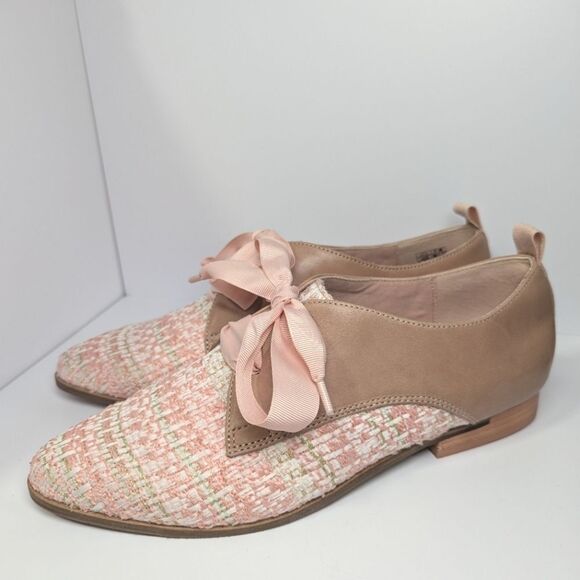 NWOB Kelsi Dagger Blush Pink Tweed & Leather Lace Up Pointed Toe Oxfords 10 - Picture 5 of 10